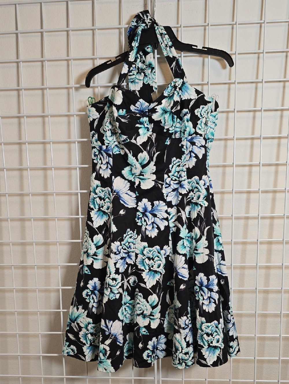 White House Black Market Black Floral Halter Dress with Teal and White Blooms 8